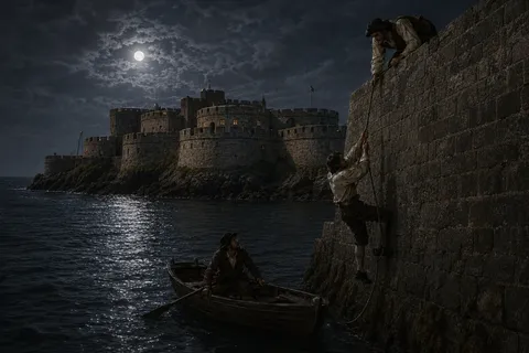 An illustrative reconstruction of a nighttime escape from a coastal fortress resembling Castle Cornet, Guernsey, Channel Islands