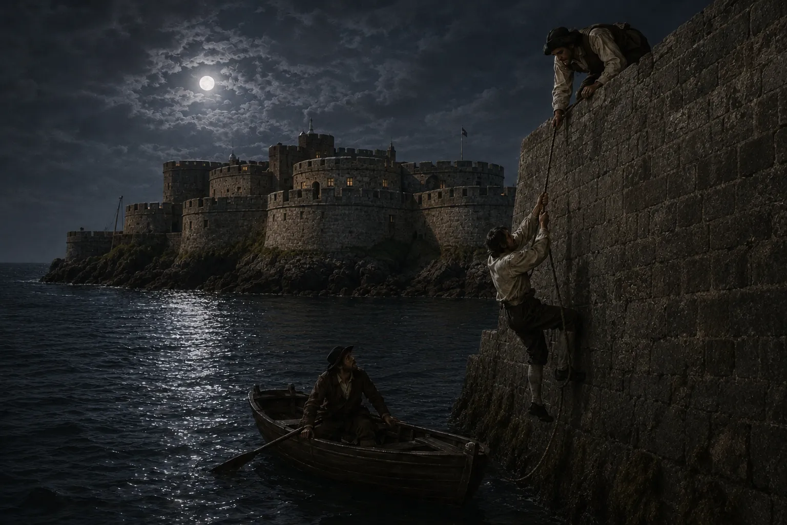 An illustrative reconstruction of a nighttime escape from a coastal fortress resembling Castle Cornet, Guernsey, Channel Islands