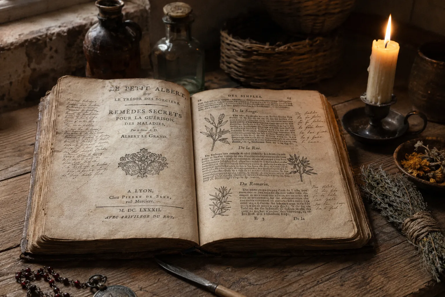 An illustrative reconstruction of an old French grimoire in the style of Le Petit Albert, illustrating a Sark folklore legend