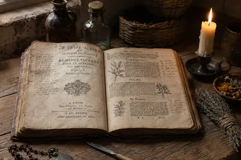An illustrative reconstruction of an old French grimoire in the style of Le Petit Albert, illustrating a Sark folklore legend