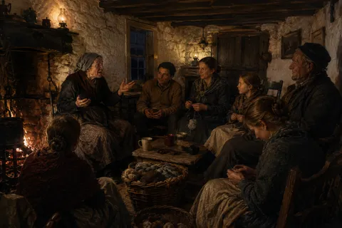 An illustrative reconstruction of a Sark veillee: an evening gathering of storytelling and handwork by the fire