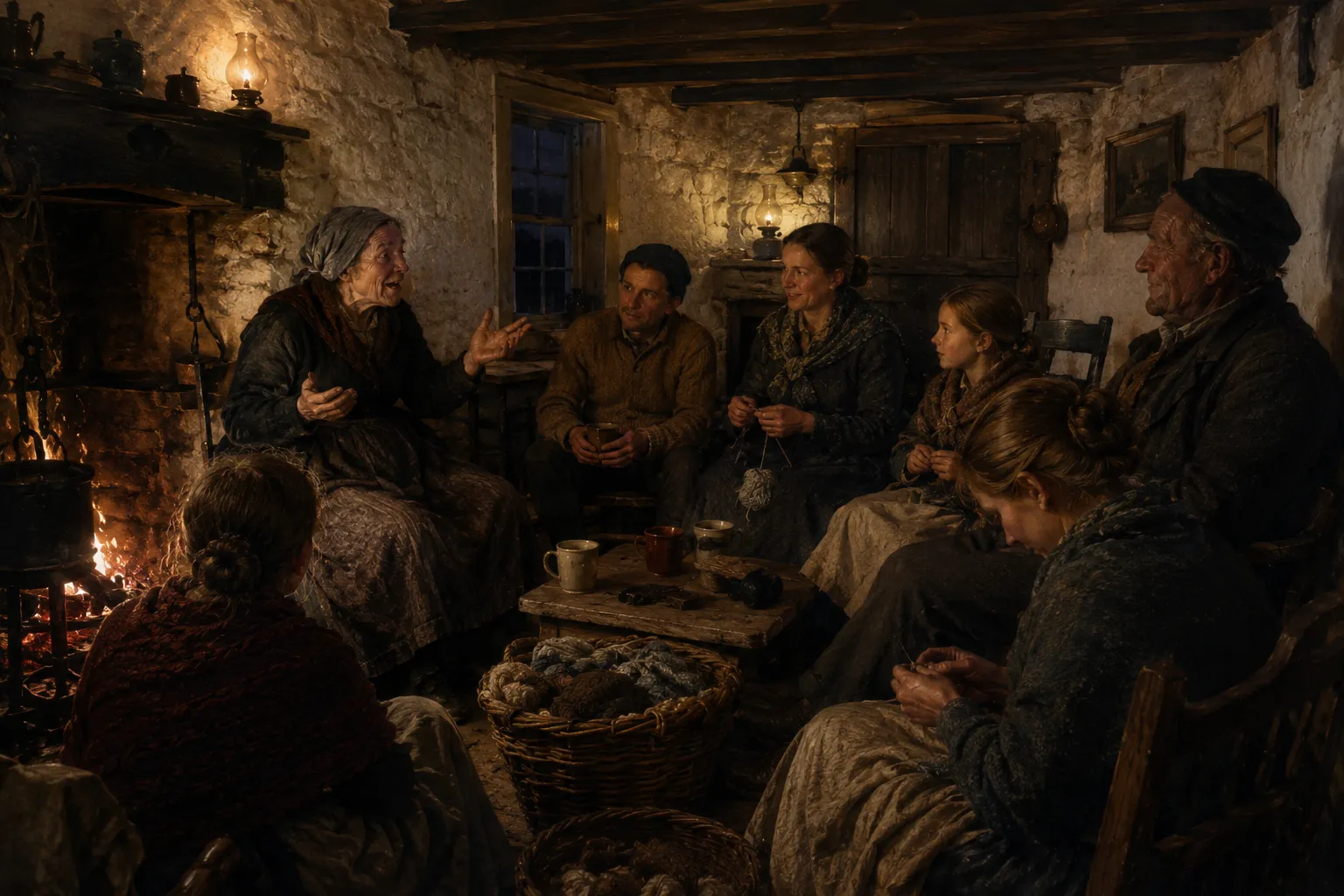 An illustrative reconstruction of a Sark veillee: an evening gathering of storytelling and handwork by the fire