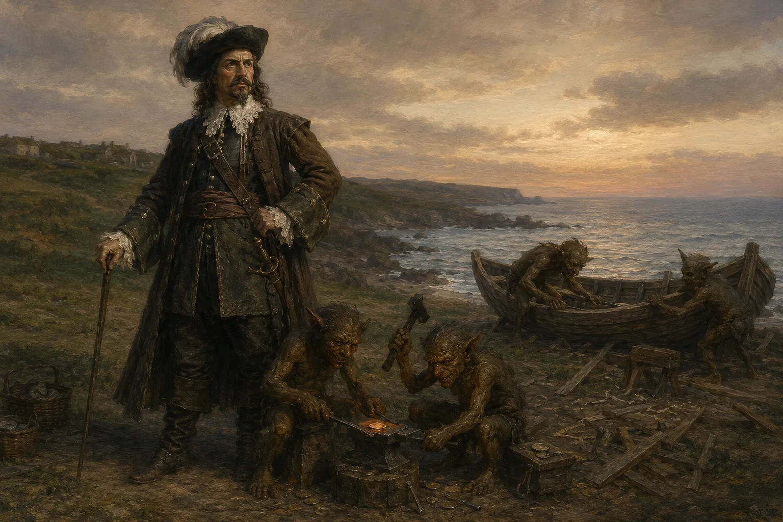 An illustrative reconstruction of Peter de Carteret's imps forging coins and building a boat, from the Old Devil folklore of Sark