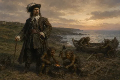 An illustrative reconstruction of Peter de Carteret's imps forging coins and building a boat, from the Old Devil folklore of Sark