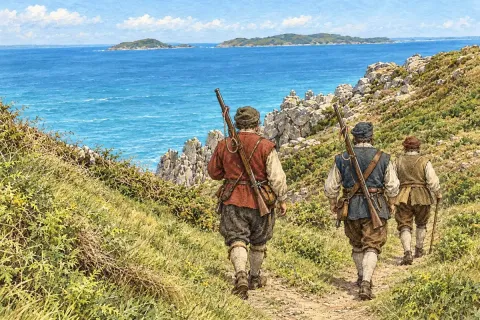 AI-generated illustration of three sixteenth-century settlers carrying two muskets on a coastal path on Sark