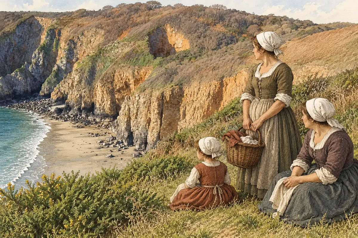 AI-generated illustration of two sixteenth-century women and a child above a sheltered bay on Sark
