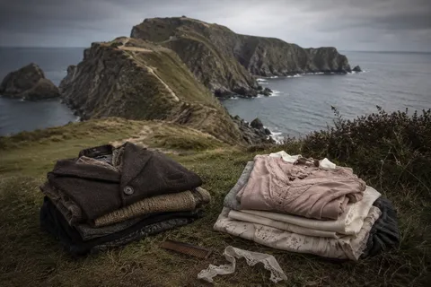 Illustrative reconstruction of two piles of clothing left neatly folded on clifftop grass above a headland and the sea, Sark, Channel Islands