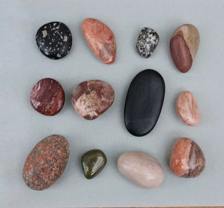 Twelve varied beach pebbles arranged on a plain background, from Sark, Channel Islands