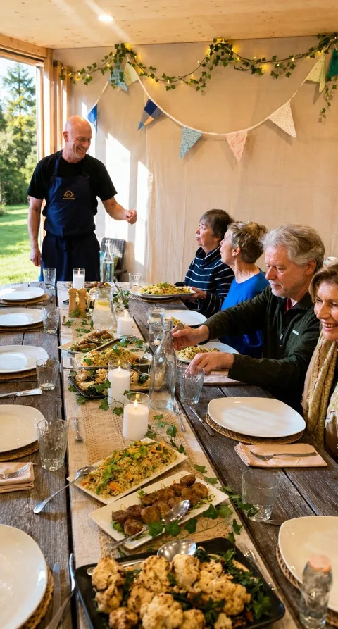 A candlelit shared table laid for dinner on Sark
