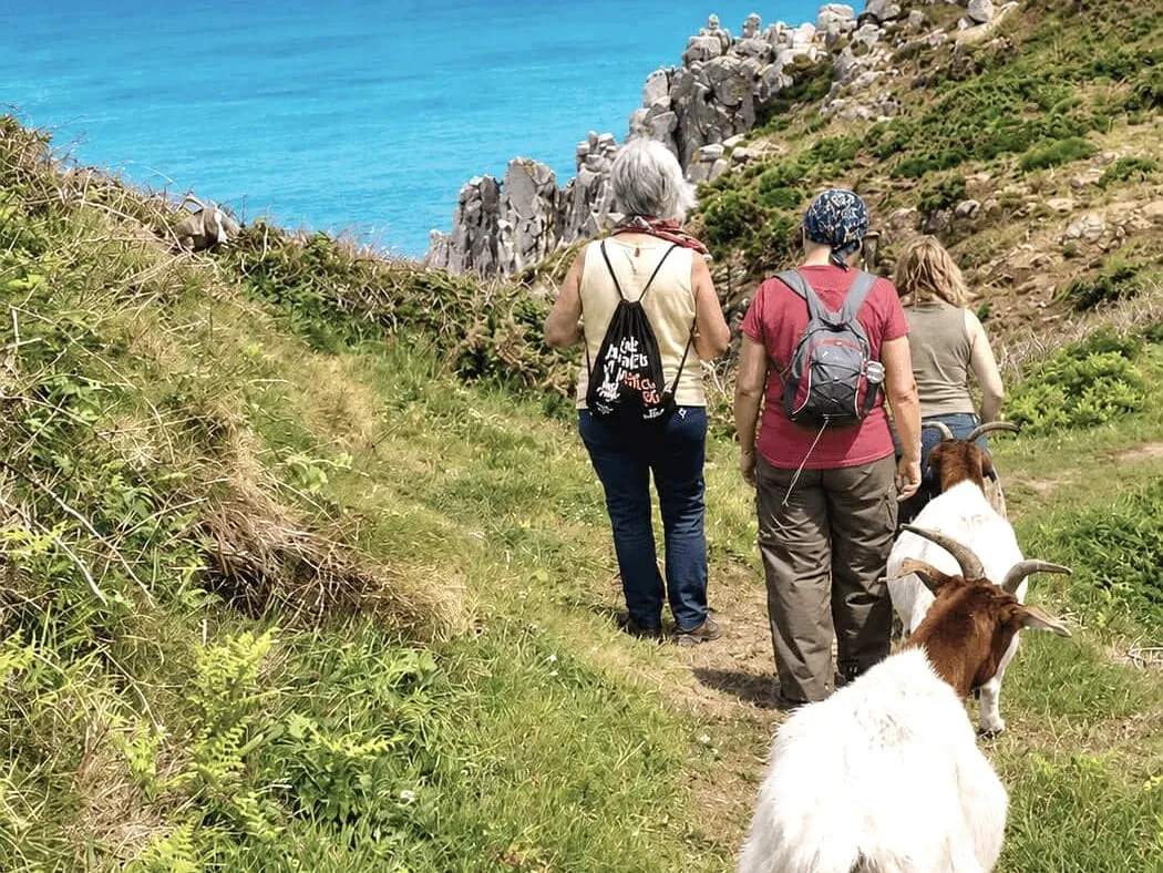 Guests walking a coastal path above the sea on Sark, Channel Islands
