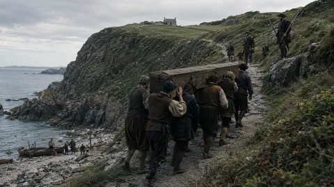Illustrative reconstruction of men carrying a plain wooden coffin up a steep coastal path toward a building on the headland, escorted by armed figures, with boats on the shingle below, Sark, Channel Islands
