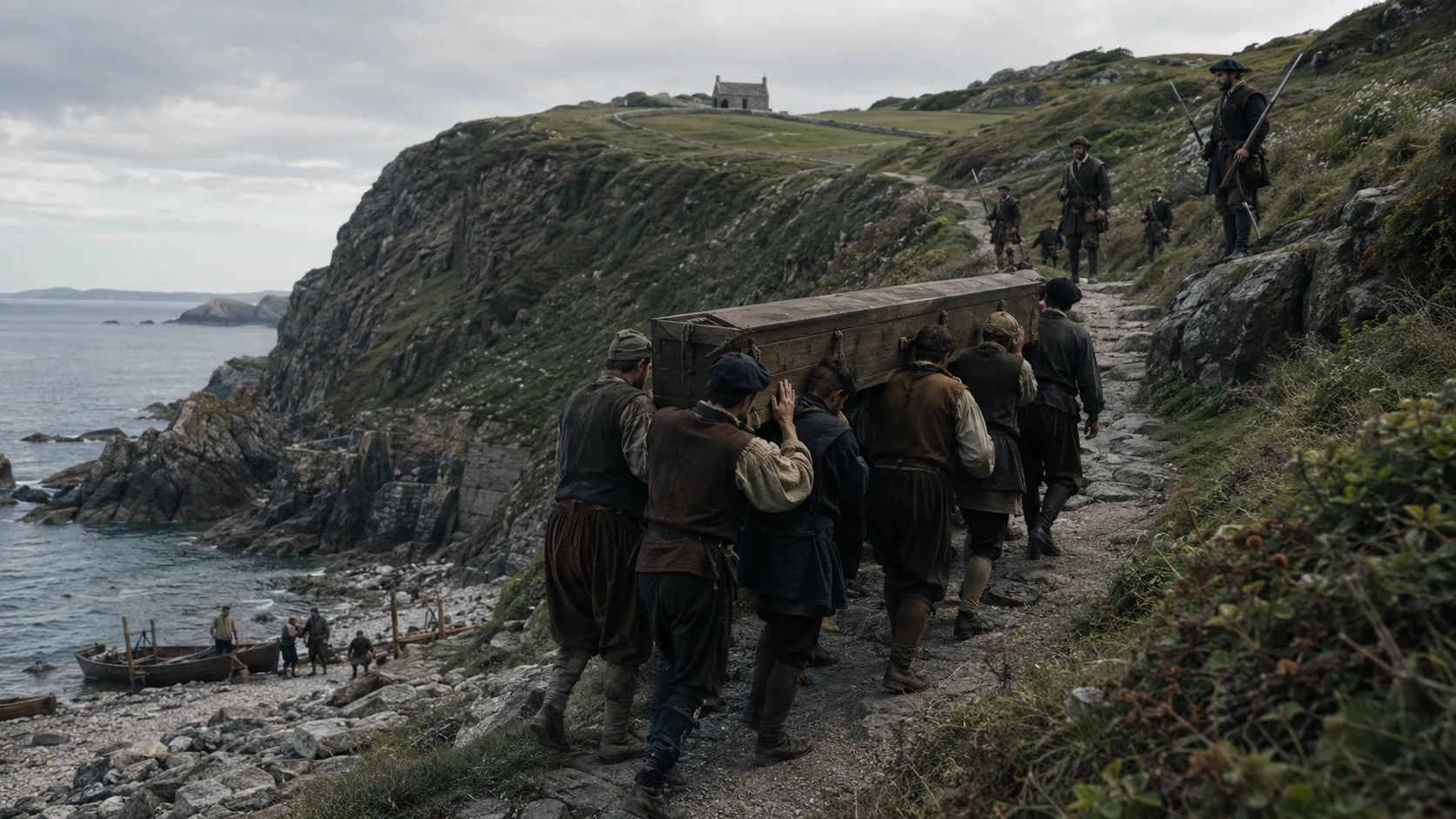 Illustrative reconstruction of men carrying a plain wooden coffin up a steep coastal path toward a building on the headland, escorted by armed figures, with boats on the shingle below, Sark, Channel Islands