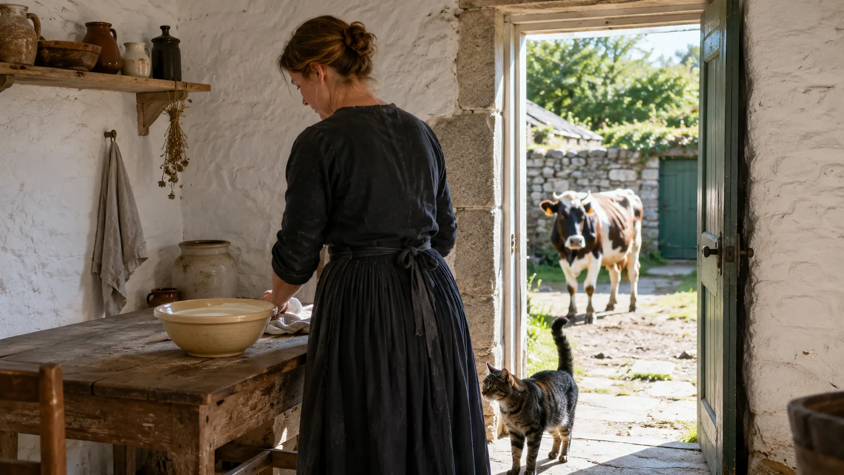 A bowl of milk left in a doorway, with a cat nearby, evoking the ordinary household details in Guernsey's 1617 witchcraft evidence