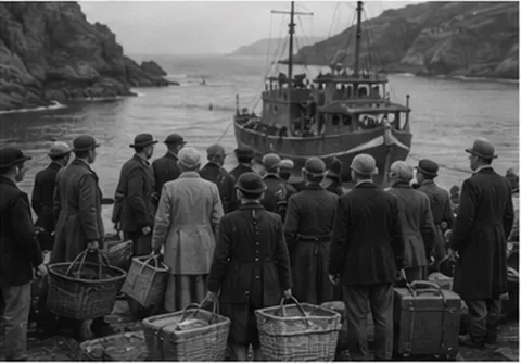 Illustrative reconstruction of islanders with baskets and suitcases waiting on a harbour slipway beside a small vessel below steep cliffs, Sark, Channel Islands