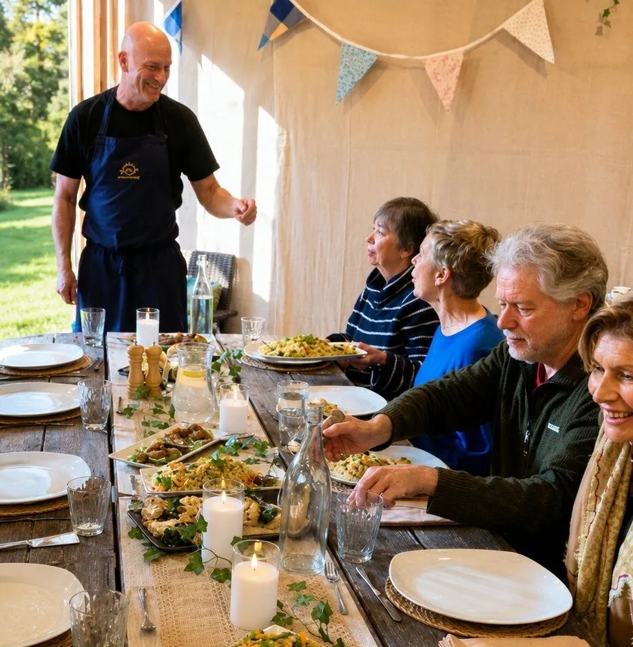 A shared vegetarian dinner served in the dining barn at the retreat on Sark