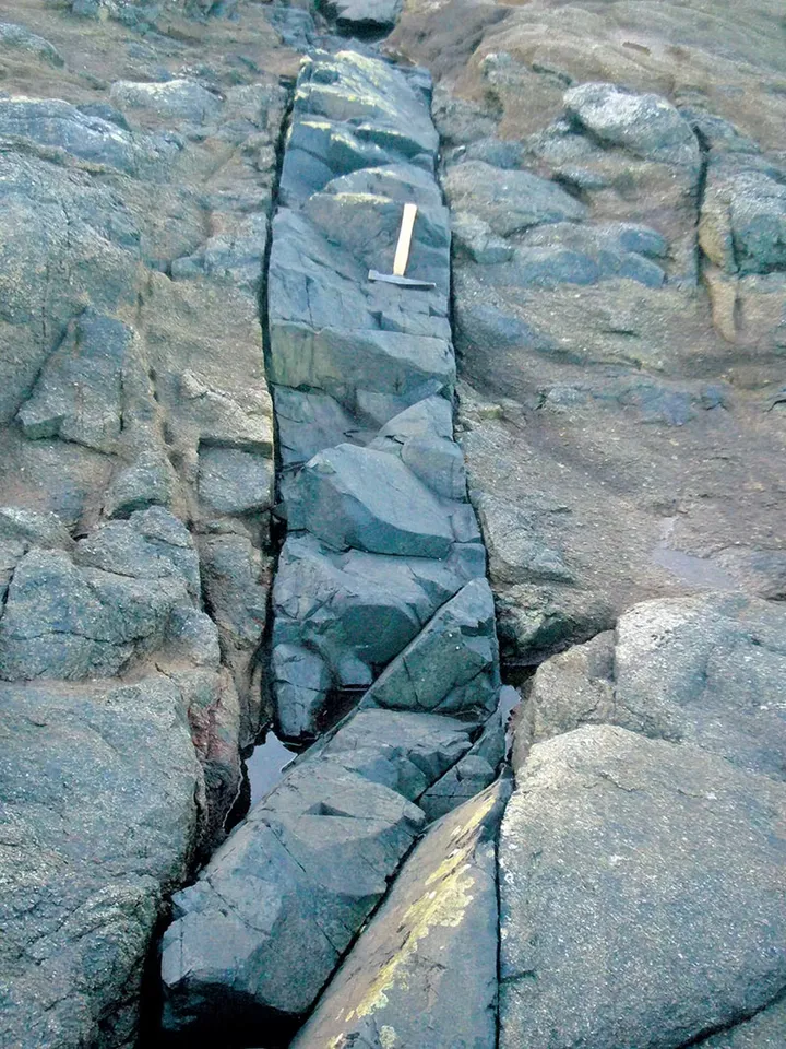 A dark dolerite dyke cutting a straight channel through paler shore rock, with a geologist's hammer for scale, Sark, Channel Islands