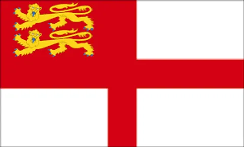 The flag of Sark, a white flag with a red cross and two gold lions on a red canton, Channel Islands