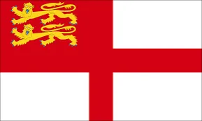 The flag of Sark, a white flag with a red cross and two gold lions on a red canton, Channel Islands