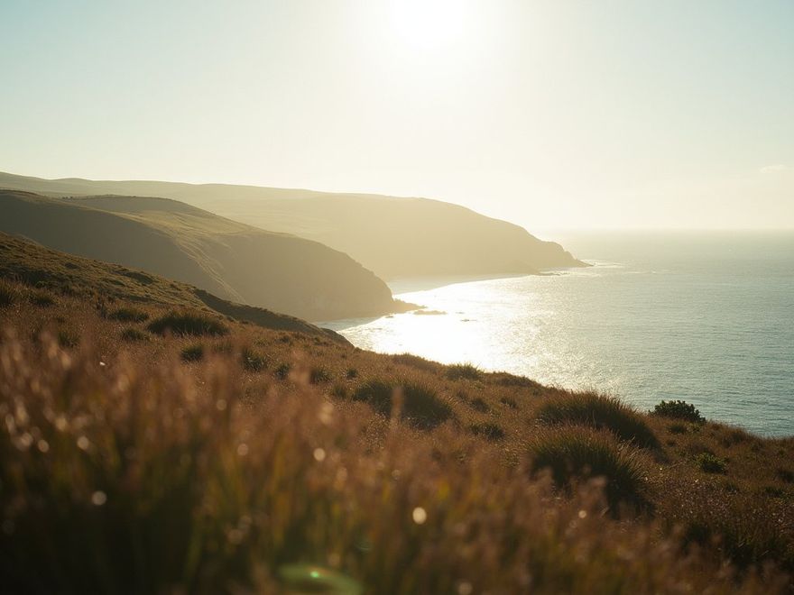 Golden evening light over the cliffs and sea on Sark, Channel Islands