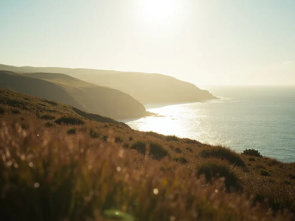 Golden evening light over the cliffs and sea on Sark, Channel Islands