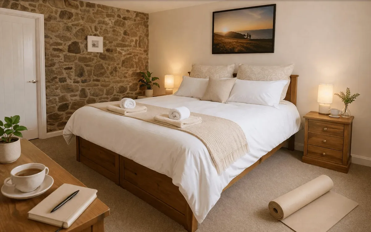 The Honeysuckle room with original stonework at the retreat house on Sark