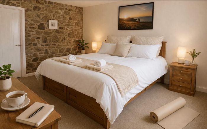 The Honeysuckle room with original stonework at the retreat house on Sark
