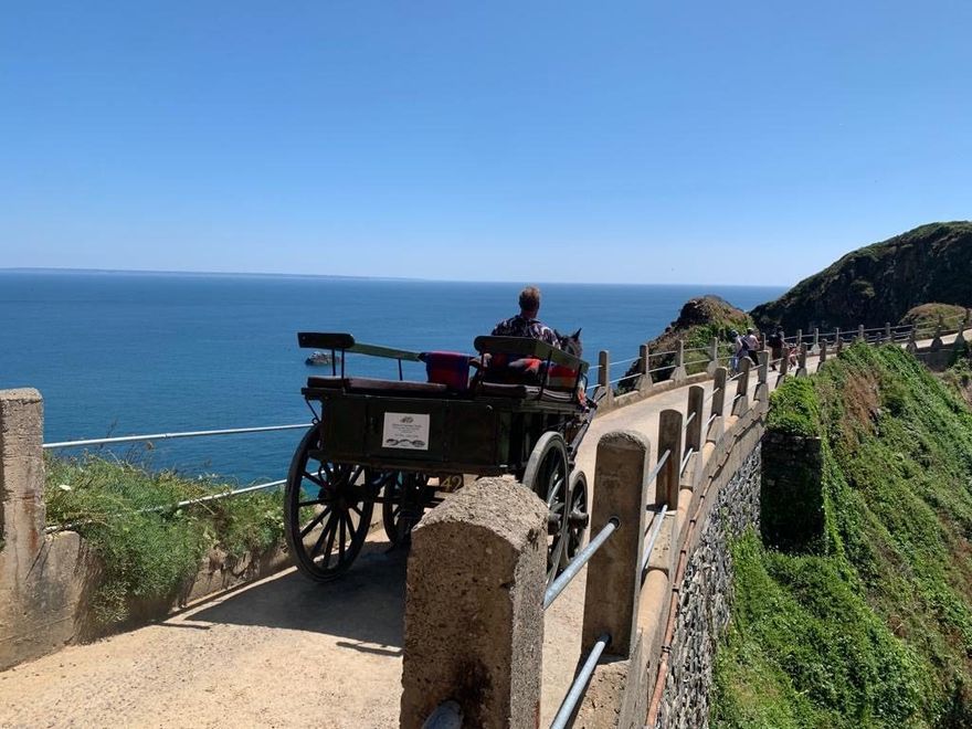 Guests on a horse and carriage ride on the car-free island of Sark