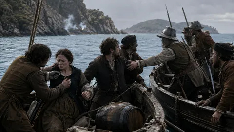 Illustrative reconstruction of armed men in two open boats off a rocky coast, one holding a woman by the shoulder while others carry pikes and a musket, Sark, Channel Islands