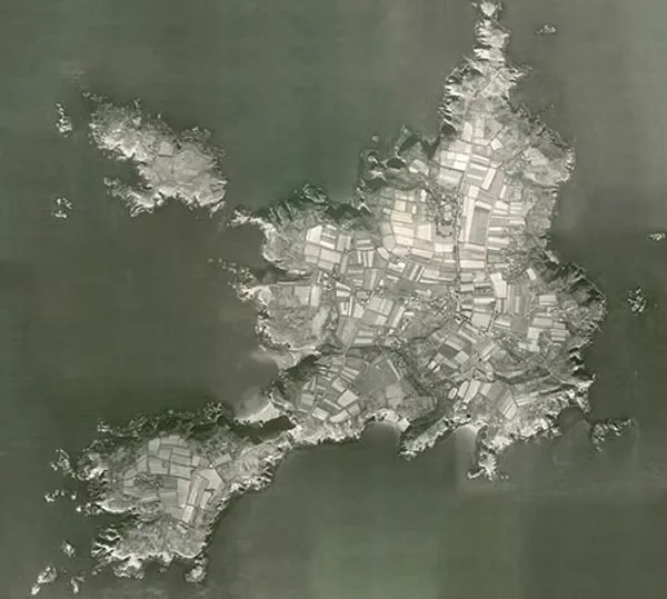 A monochrome aerial survey photograph of Sark showing its field patterns and coastline, Sark, Channel Islands