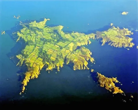 Aerial view of Sark bounded by sea in every direction, Channel Islands