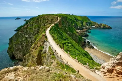 The cliff path across La Coupée between Sark and Little Sark, Channel Islands