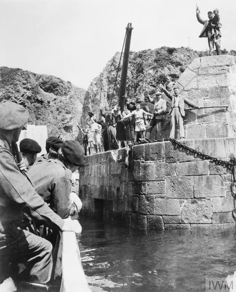 British soldiers arriving at Creux Harbour after Sark's liberation, Channel Islands