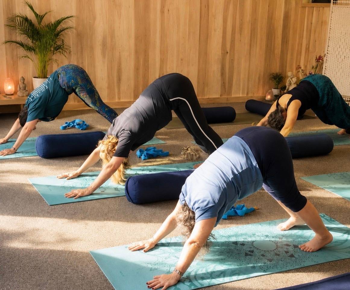 Small group yoga practice at a retreat on Sark, Channel Islands