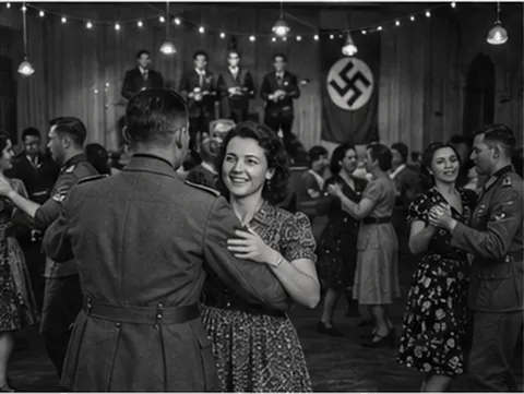 Illustrative reconstruction of a wartime dance in a wooden hall, couples dancing including a woman with a German soldier, a band on the stage and a Nazi flag on the back wall, Sark, Channel Islands