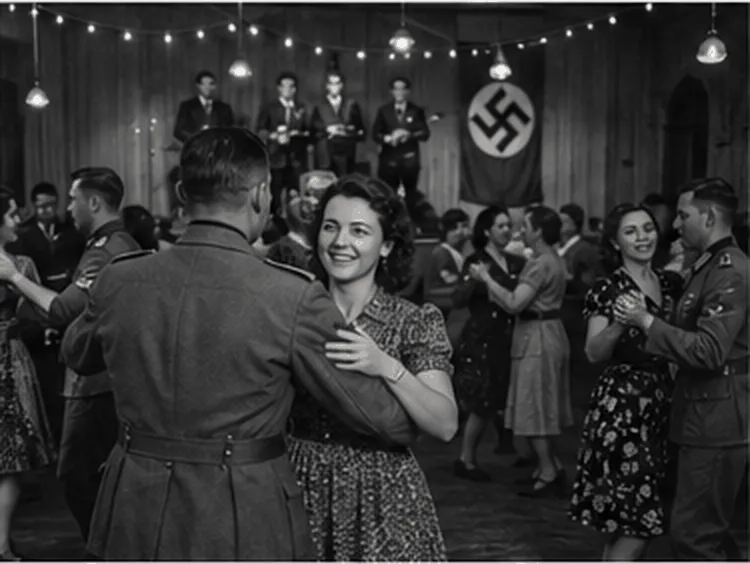 Illustrative reconstruction of a wartime dance in a wooden hall, couples dancing including a woman with a German soldier, a band on the stage and a Nazi flag on the back wall, Sark, Channel Islands
