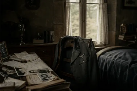 Illustration of a room during the Occupation, a German army tunic over a chair beside a desk of loose papers and portrait photographs, Sark, Channel Islands