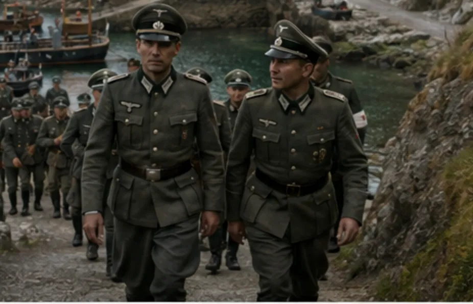 Illustrative reconstruction of German officers and soldiers walking up a harbour path from moored boats during the Occupation, Sark, Channel Islands