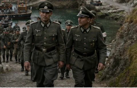 Illustrative reconstruction of German officers and soldiers walking up a harbour path from moored boats during the Occupation, Sark, Channel Islands