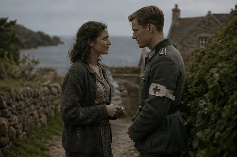 Illustrative reconstruction of a young woman and a German army medical orderly with a Red Cross armband facing each other on a stone lane above the sea, Sark, Channel Islands