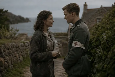 Illustrative reconstruction of a young woman and a German army medical orderly with a Red Cross armband facing each other on a stone lane above the sea, Sark, Channel Islands