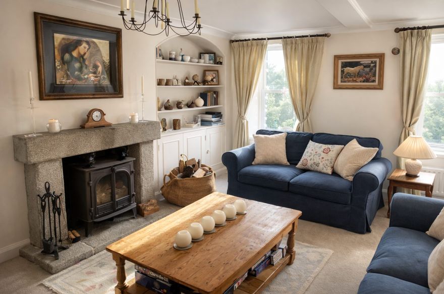 The private lounge with open fireplace at the retreat house on Sark
