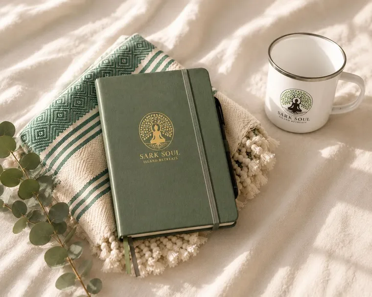 A welcome journal and mug from Sark Soul Island Retreats
