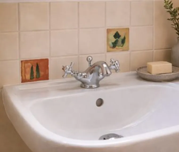 The bathroom sink in the Sea Holly room at the retreat house on Sark