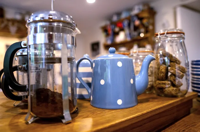 Morning coffee and teapots at the retreat house on Sark