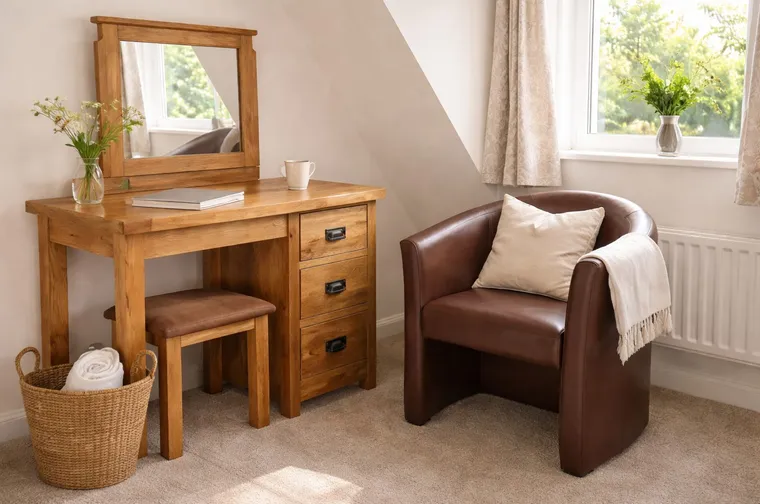 The dressing table and seating in the Sea Lavender room at the retreat house on Sark