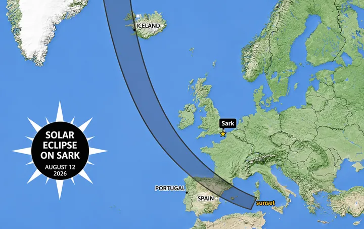 A map of the path of the 12 August 2026 total solar eclipse from Greenland to Portugal, with Sark marked outside the band