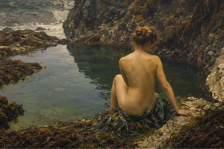 William Toplis’s painting of a woman seated at the Venus Pool, Sark, Channel Islands