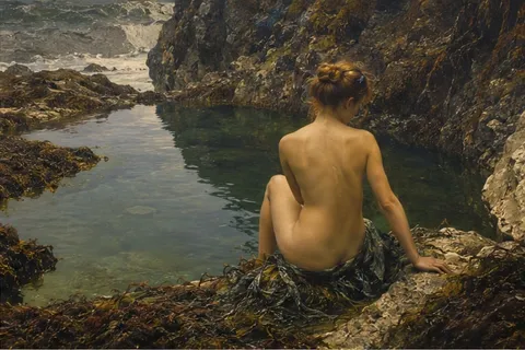 William Toplis’s painting of a woman seated at the Venus Pool, Sark, Channel Islands