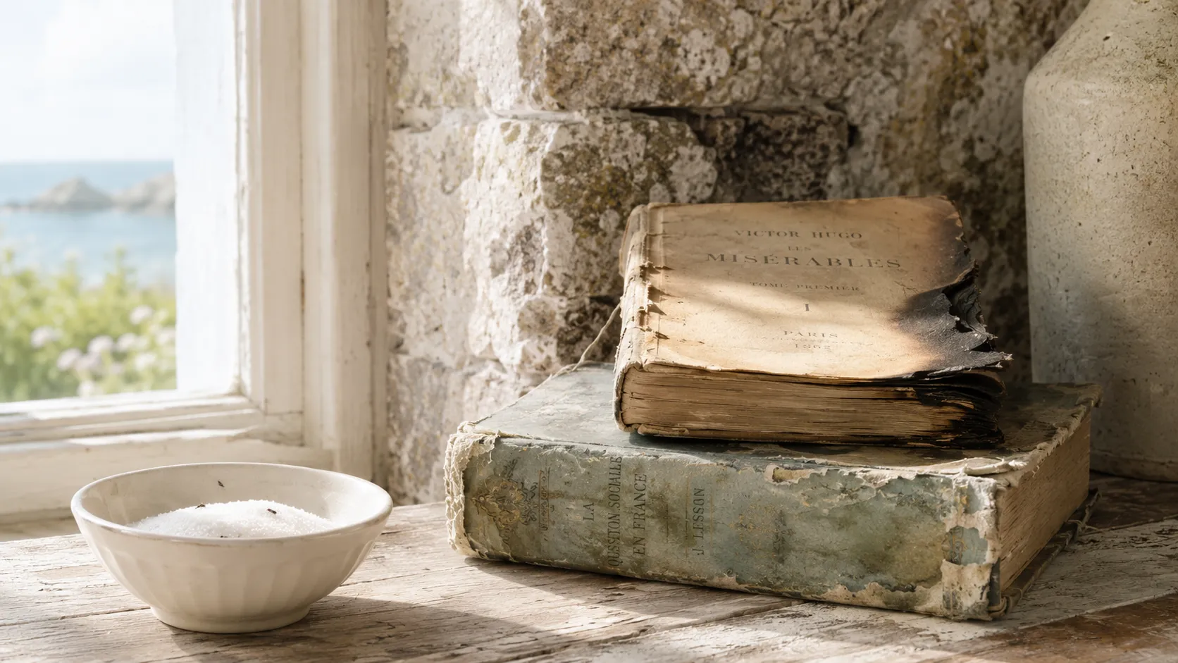 AI-generated illustration of nineteenth-century books beside a window looking out to sea, Sark, Channel Islands