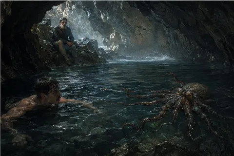 AI-generated illustration of a swimmer and an octopus in a sea cave, with an observer on the rocks, inspired by Sark